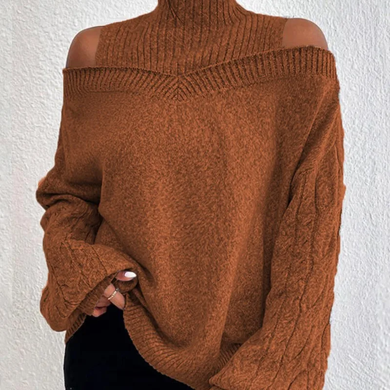 Women New Solid Knitting Off Shoulder Sweaters Autumn Winter Elegant Office Lady Half High Collar Splice Loose Pullovers Sweater
