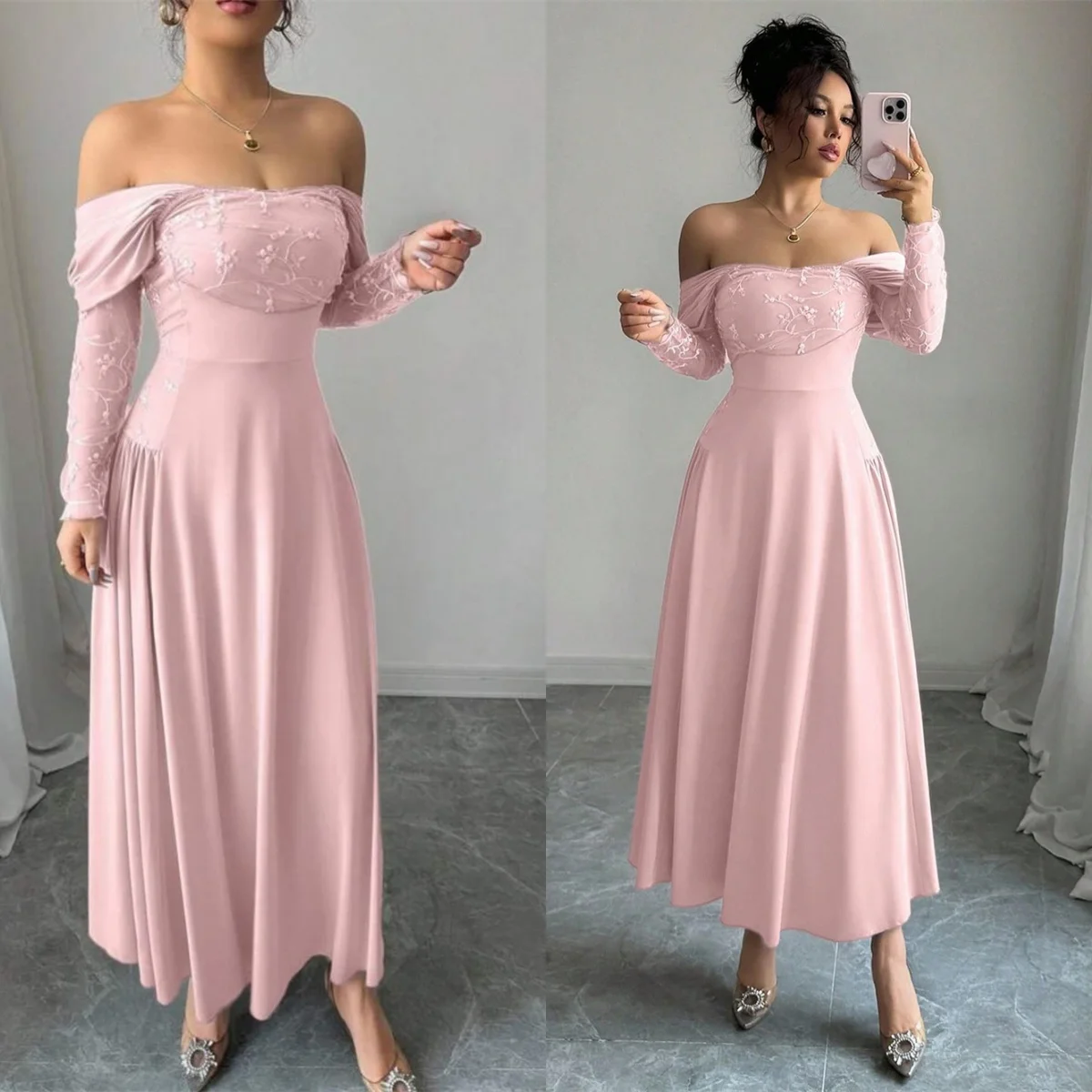 Customized Modern Pink Jersey Evening Dress Exquisite Strapless Off the Shoulder Long Sleeves Backless Open Back Celebrity Gowns