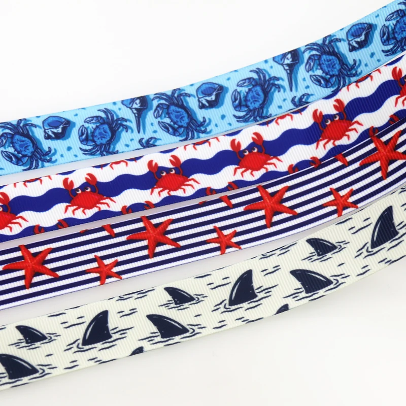 DHK 50yards Crab Starfish Shark Printed Grosgrain Ribbon Accessories Material Headwear Decoration DIY Sewing Craft S2038