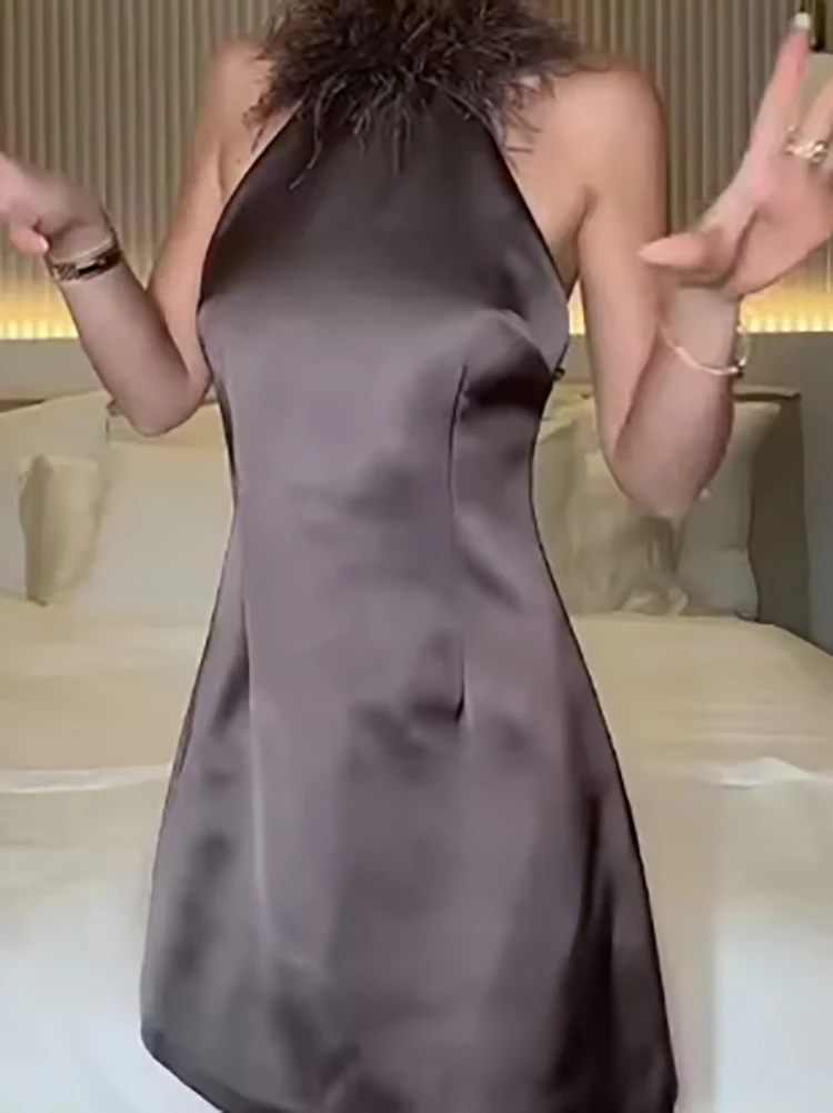 Casual Women's Bareback Slim Birthday Dress Chic Feather Sleeveless Holiday Dress Cocktail Party Solid Color Summer Short Dress