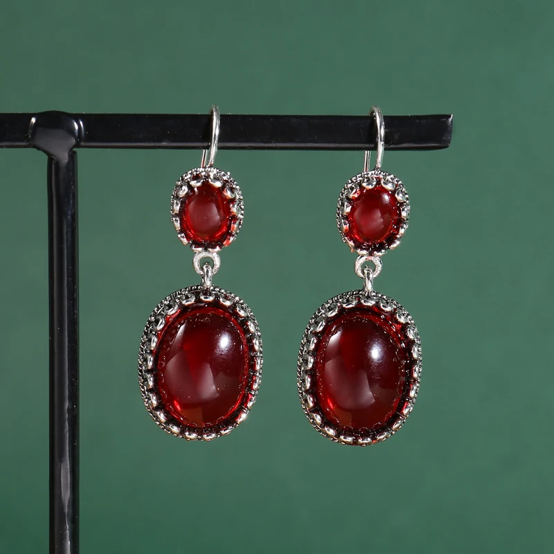 Fashion Long Oval Red Zircon Dangle Earrings for Women Simple Silver Color Hook Earrings Wedding Engagement Jewelry