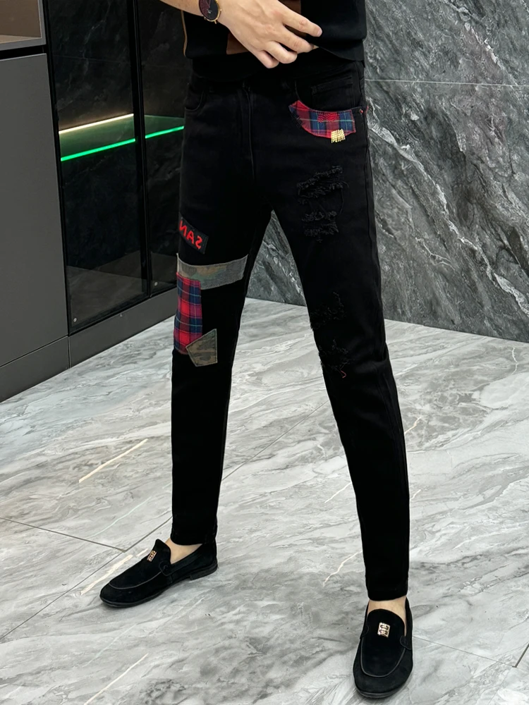 

Американские повседневные мужские джинсы в стиле пэчворк, облегающие, универсальные, зимние, новые, износостойкие, длинные брюки, молодежная мода