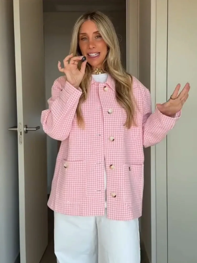 

HH Fashion Woman Loose Commuting Shirt Top Women's Pink Plaid Lapel Long Sleeves Single Breasted Pocket Decoration Casual Shirt