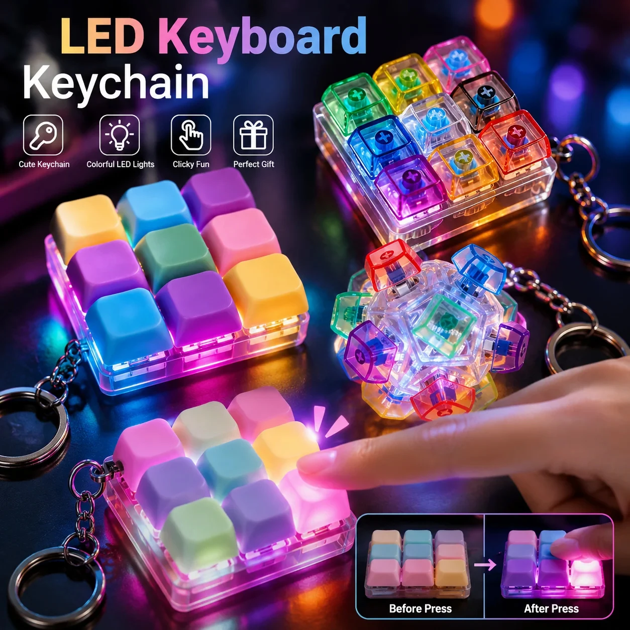 LED Light Up Keychain Keyboard Clickable Button Fidget Toy for Stress Anxiety Relief Portable Desk Office Decor Gift
