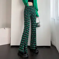 Green Plaid Ladies Bell Pants Checked Korean Flared Trousers for Women Vintage Flare Leggings Leg Slit Fluid Elasticity Sexy Hot