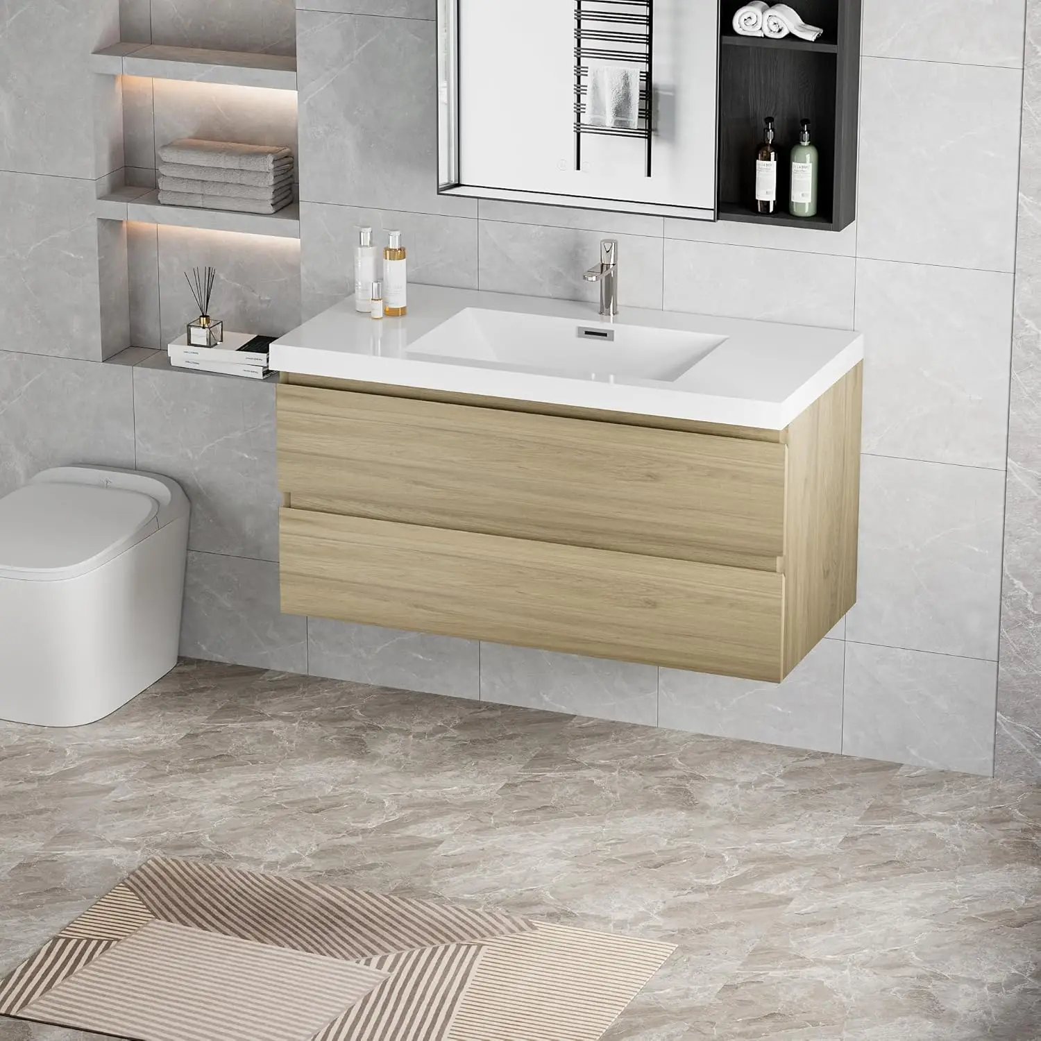 

42" Wall-Mounted Bathroom Vanity with Sink Solid Surface Top Basin Soft Close Drawers Fully Assembled Natural Oak Customized