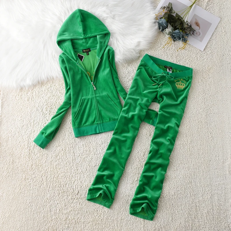 Juicy Grape Brand Velvet Tracksuit Two Piece Set Women\'s Hoodies and Pockets Trouser Set Y2K Velour Tracksuit