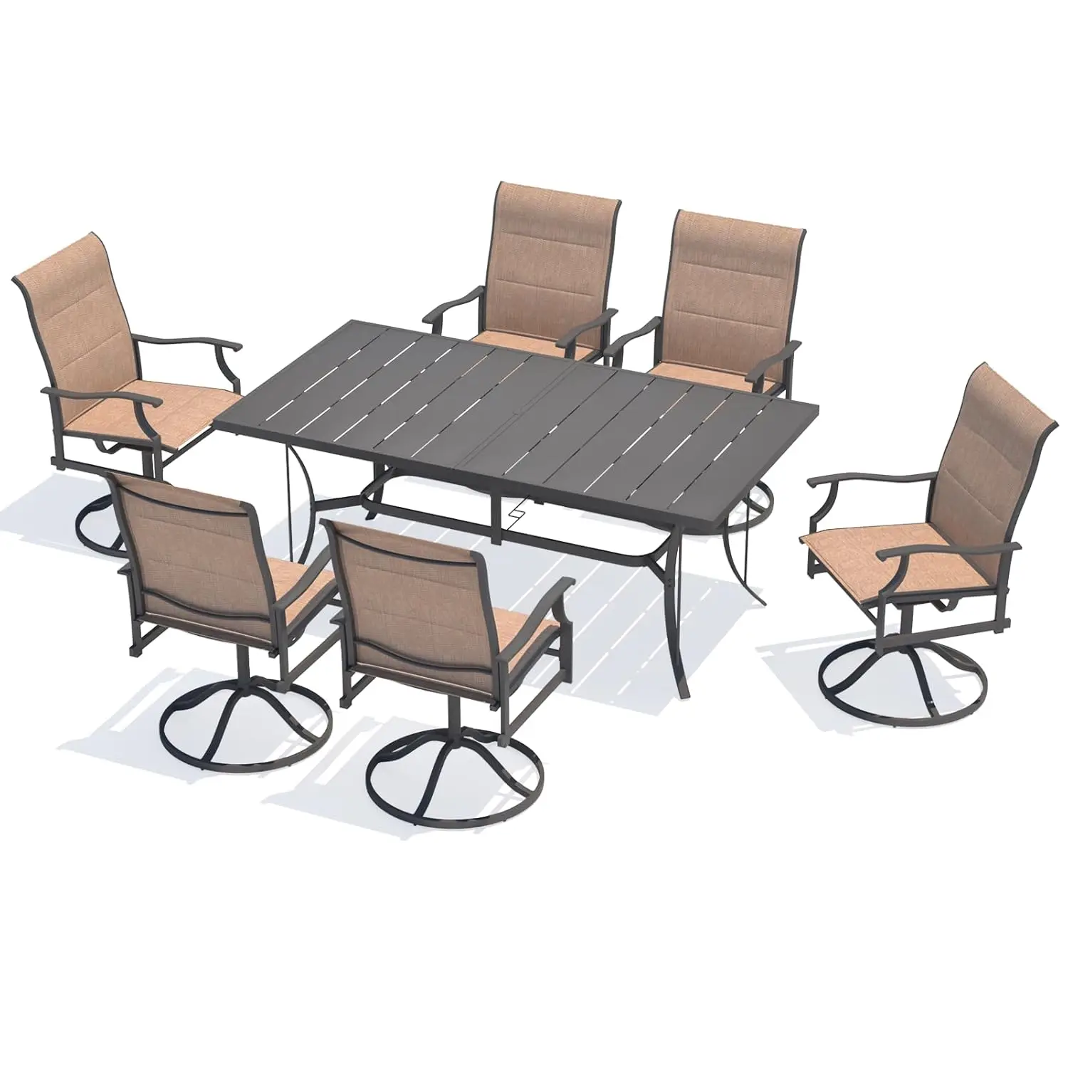 

Outdoor Patio Dining Set with 6 Swivel Chairs, Metal Table with Umbrella Hole, 7-Piece Patio Table and Chairs, Customized