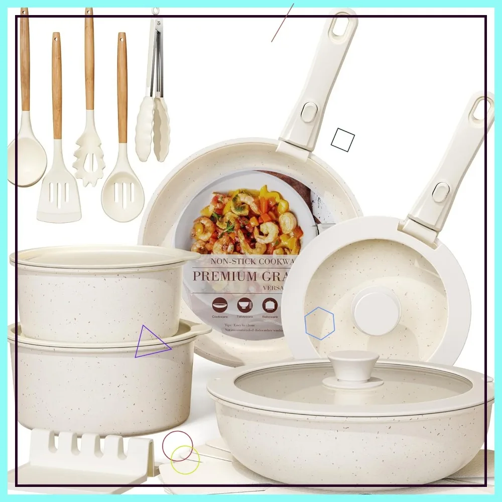 

21-Piece Ceramic Non-Stick Cookware Set with Removable Handles, Oven & Induction Safe, Stackable Cream White Pots and Pans