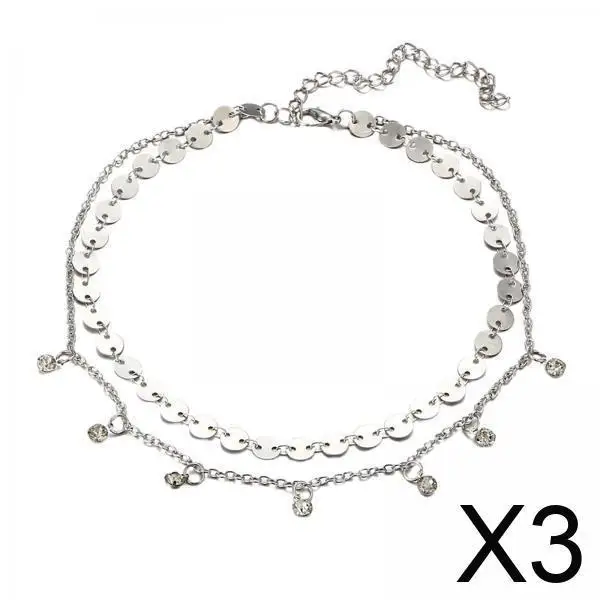 

3xSparkly Sequin Necklace Choke Double Necklace Charm Jewelry Silver