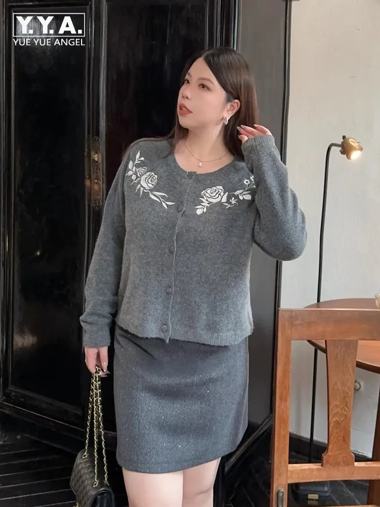 Conjuntos a juego de otoño para mujer, cárdigan de punto con flores bordadas informales, Tops de cintura alta con lentejuelas, falda acampanada, conjunto de dos piezas 4XL