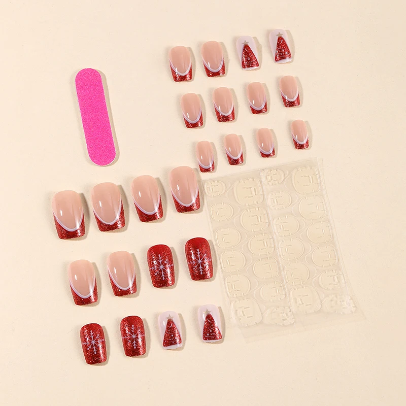 24pcs Wearable Christmas Series Fake Nails Set Snowflake Tree Square Detachable Fake Nail Art Patch Red French False Nail Suit