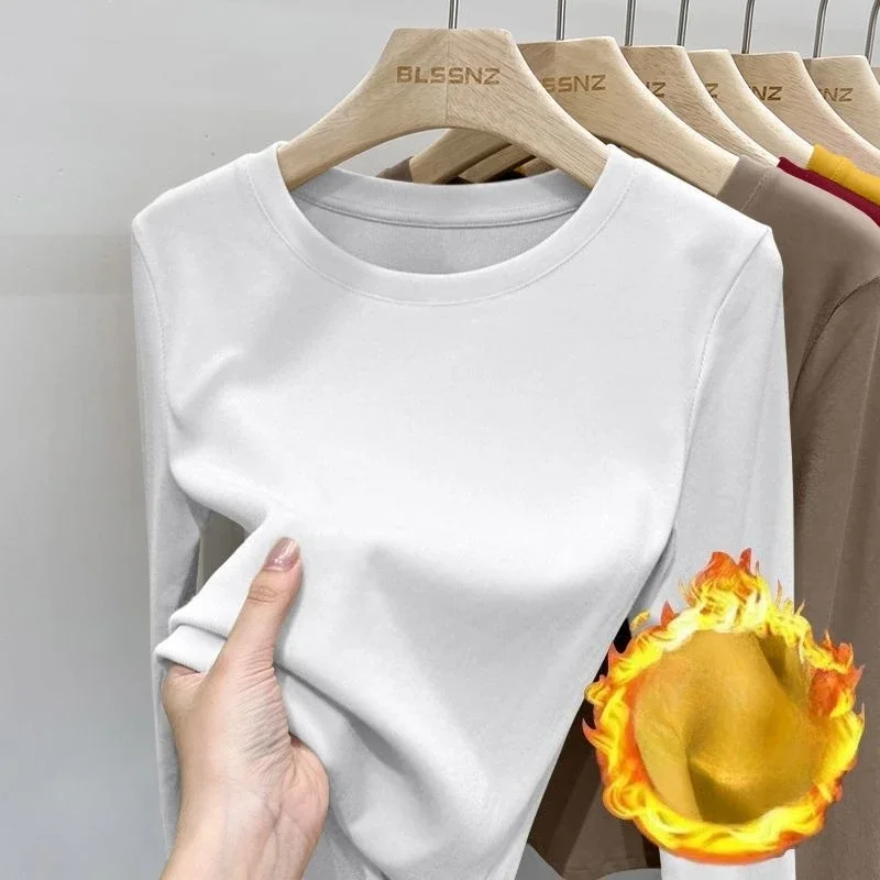 Women's Autumn Warm Threaded Bottom Shirt Winter Solid Color Round Neck Long Sleeve T-shirt Top Sweater Warm Underwear Pullover