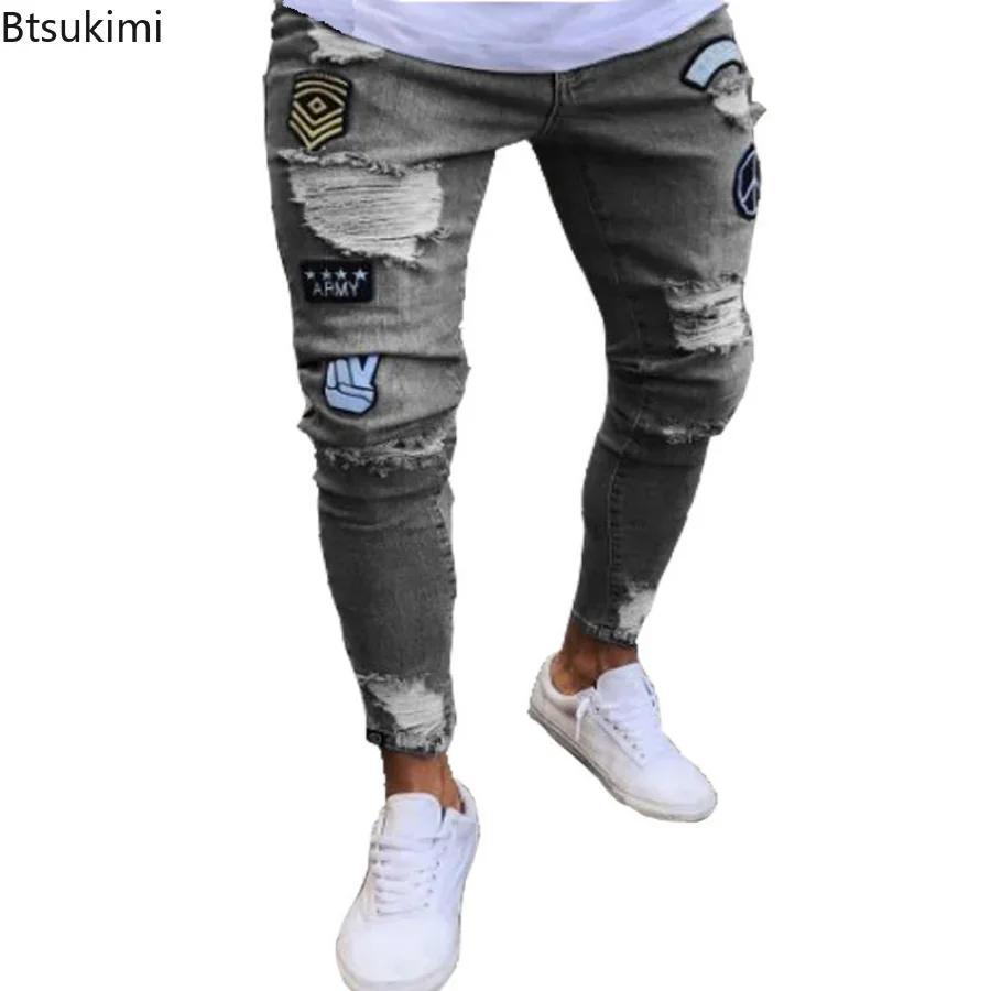 Jeans masculinos na altura do joelho buraco rasgado estiramento calças de brim magro cor sólida preto azul outono verão estilo hip-hop calças de ajuste fino S-4XL