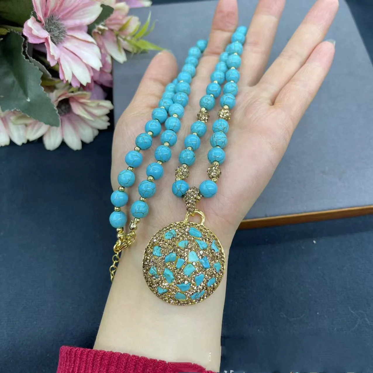 

Винтажный комплект ювелирных изделий с бирюзовыми бусинами для женщин, длинная цепочка для свитера, подвеска с кристаллами, ожерелье, серьги, кольца, очаровательное модное заявление