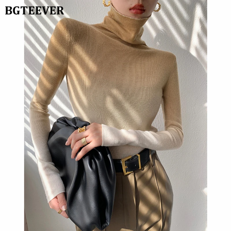 BGTEEVER Autumn Stylish Turtleneck Sweaters for Women Long Sleeve Slim Gradient Knitted Pullovers Female Winter Warm Knitwear