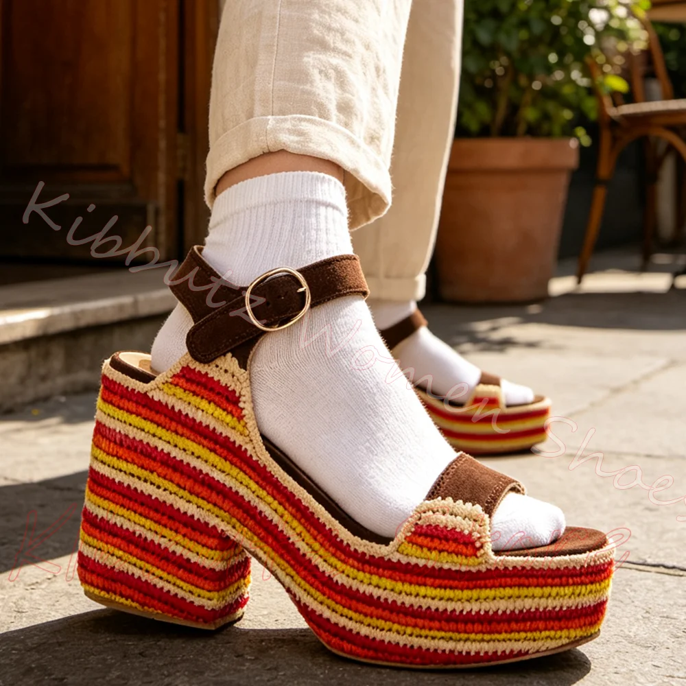 Woven Platform Wedge Sandals Boho Style Striped Crochet Heel Open Toe Ankle Buckle Strap Comfortable Summer Beach Shoes Vacation