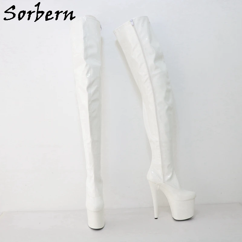 Sorber White Glossy Pole Dance Boots donna 73-82cm cavallo coscia alta 20Cm tacco spogliarellista scarpa con piattaforma spessa lunghezza