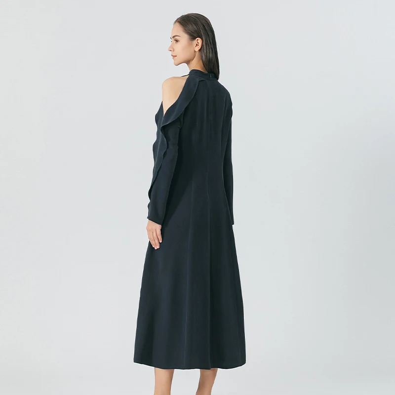 Bluestone Blue 45 Momme Thick Heavyweight Mulberry Silk Stand Collar Asymmetric Hollow Long-sleeved Waist Silk Dress AE1752