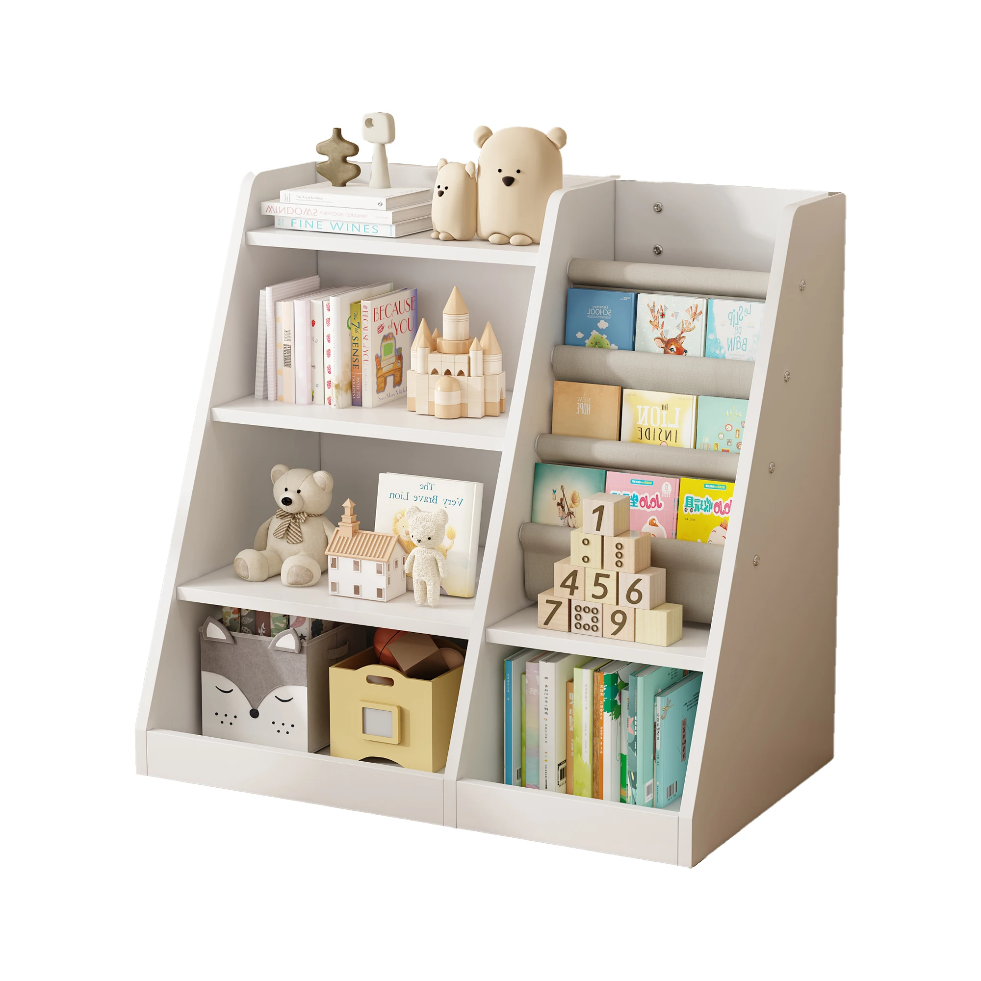 White Wooden Toy Storage Organizer Cabinet Kids Bookshelf Children Bookcase Toddler Baby Sling Book Rack Adjustable Shelf