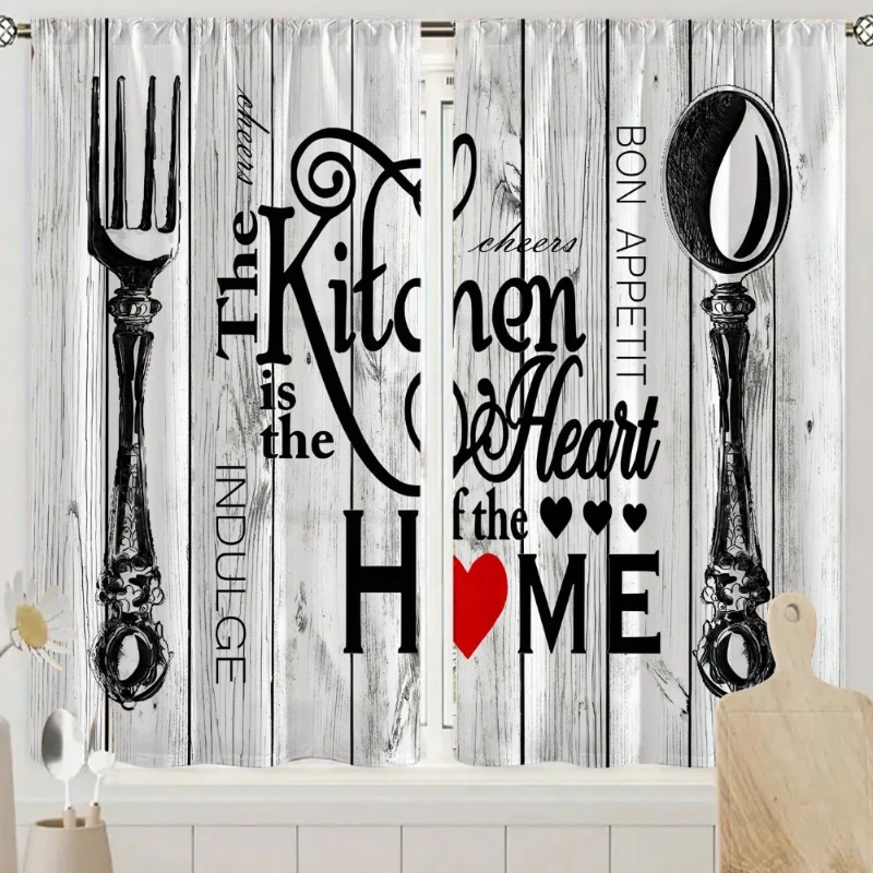 2pcs Fashion Minimalist Knife Fork Text Kitchen Window Curtains Easy Install for Bedroom Study Cafe Living Room Home Decoration