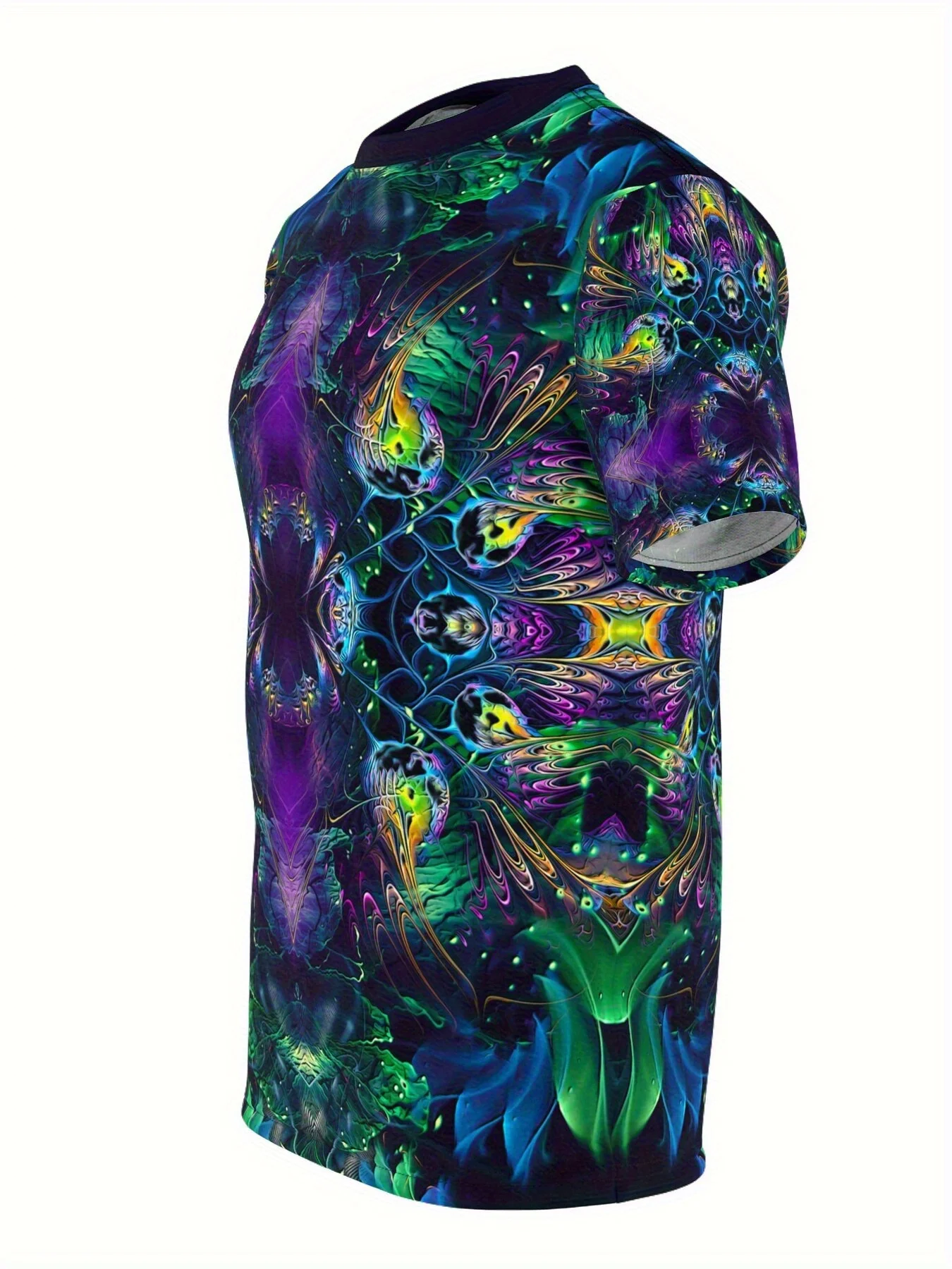 Herren-T-Shirt mit Rundhalsausschnitt und kurzen Ärmeln, 3D-Druck, lila, grün, Pfauenfeder, symmetrischer psychedelischer geometrischer Druck, neuartige Freizeitoberteile – Detail 4