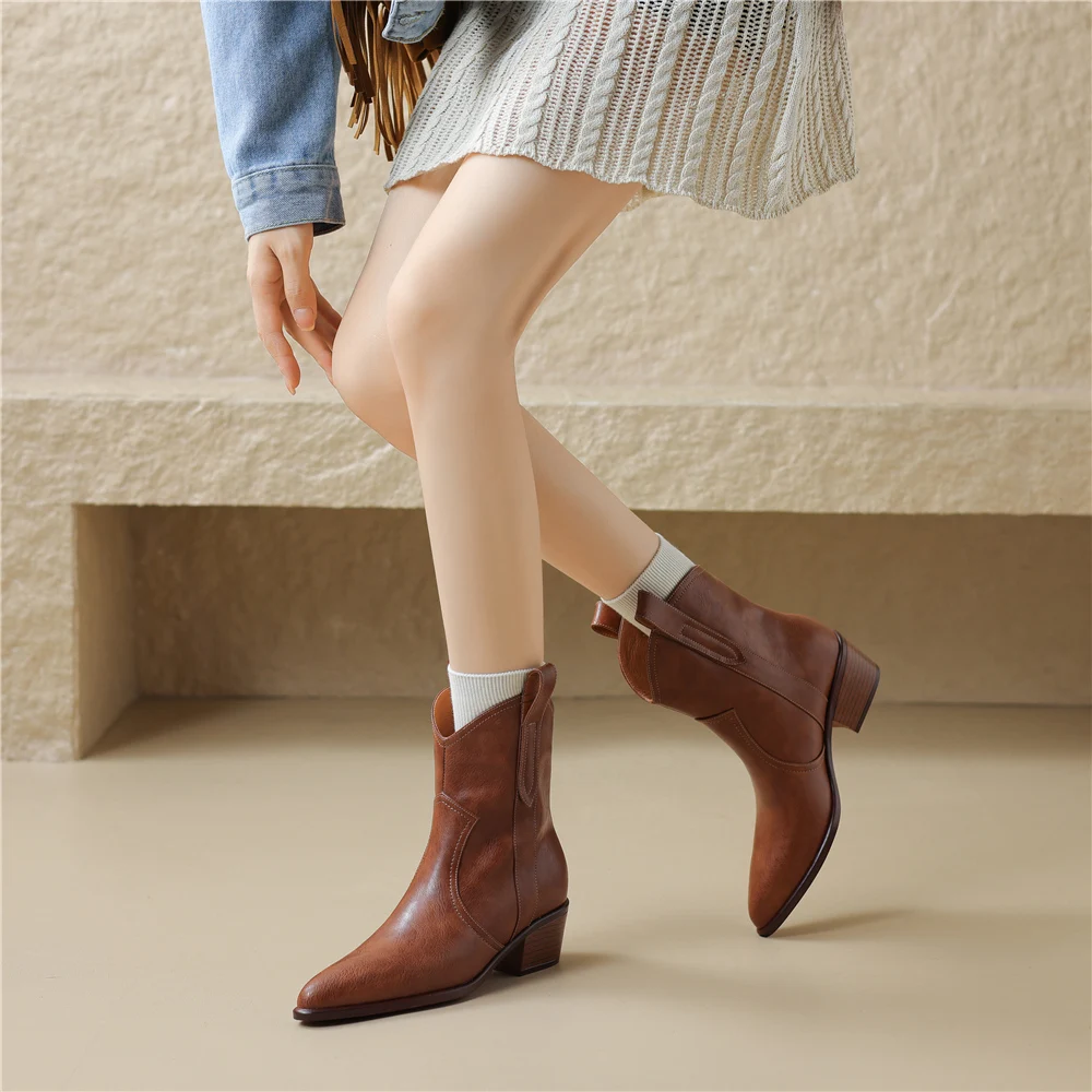 FEDONAS Vintage Women Genuine Leather Ankle Boots Thick Heels Pointed Toe Shoes Woman Retro Chelsea Short Boots Office Lady New