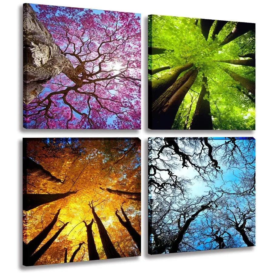 4 Panels Canvas Wall Art Spring Summer Autumn Winter Four Seasons Landscape Tree Painting Prints Modern Giclee Artwork Stretche