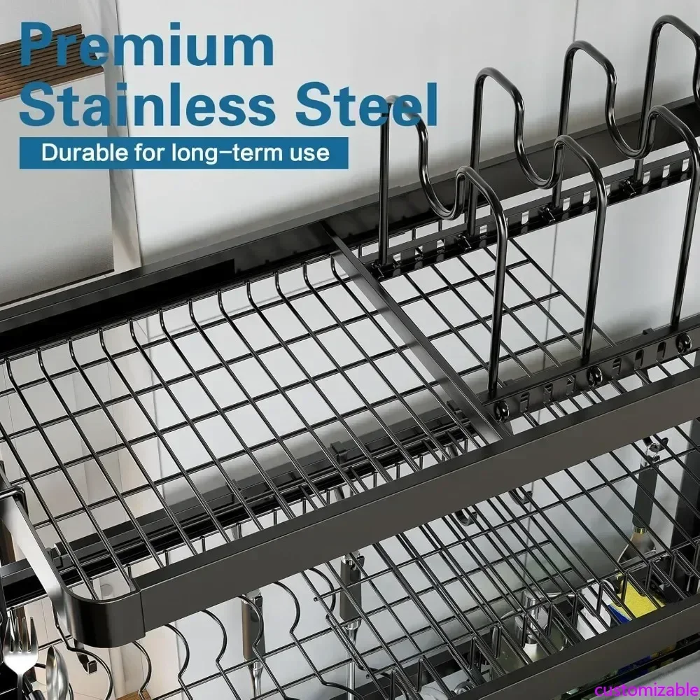 Customizable Over The Sink Dish Drying Rack,3 Tier Adjustable Length Full Stainless Steel Large Storage Kitchen Dish Rack,for Ki