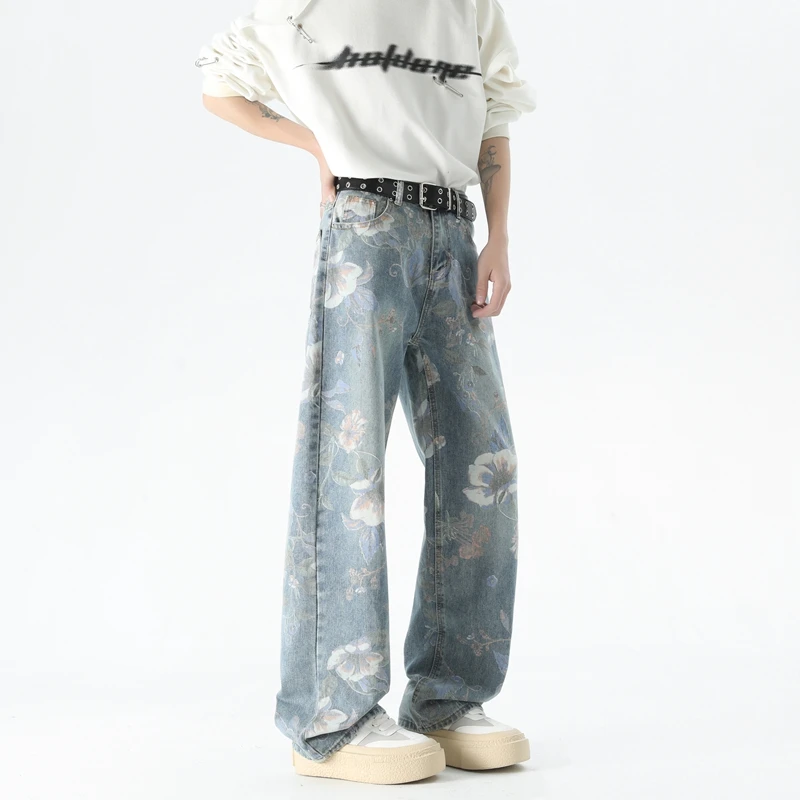 

American Retro High Street 3D Printed Washed Denim Pants for Men