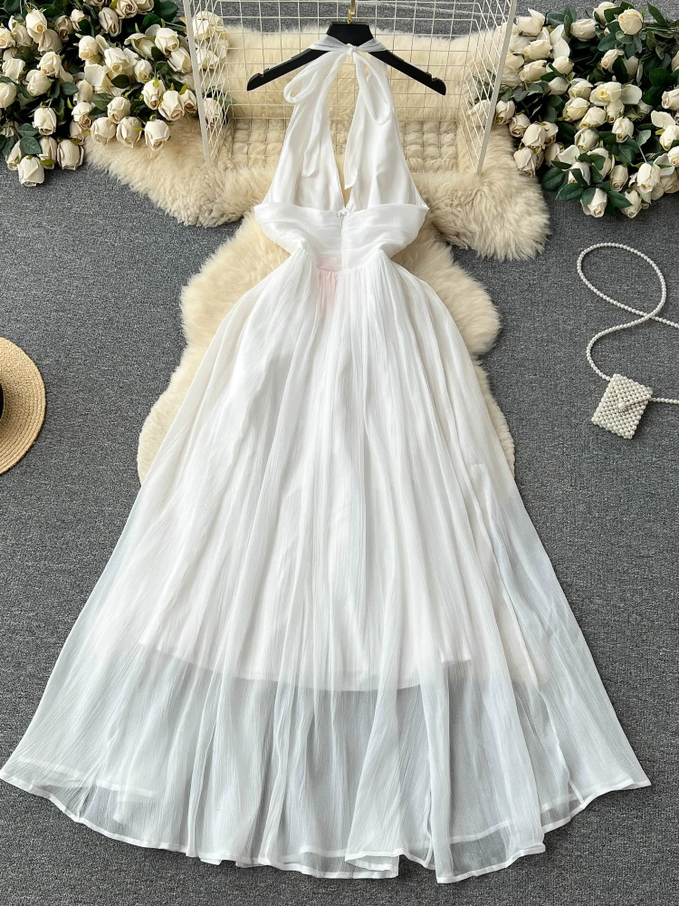 Summer Elegant White Dress Women Sexy V-neck Backless Bandage Beach Dresses Ladies Vintage A-line Chiffon Long Robe Vestidos