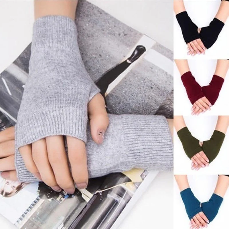 

1 Pair Solid Color Outdoor Warm Women Soft Fingerless Gloves Half Finger Gloves Knitted Gloves Autumn Winter