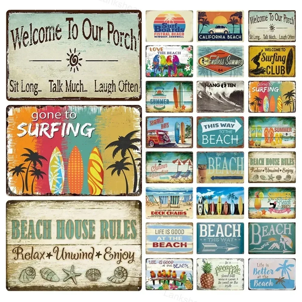 Plaque murale en métal pour plage de surf, vagues, peinture métallique d'été, affiche murale, tableau d'art, plaque pour bar, porche, club de surf, plaque en étain murale