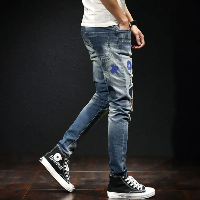 

Hombre Fashion Men jeans Retro Blue Stretch Skinny Fit Jeans strappati uomo ricamo Patched Designer Hip Hop Denim Pencil Pants