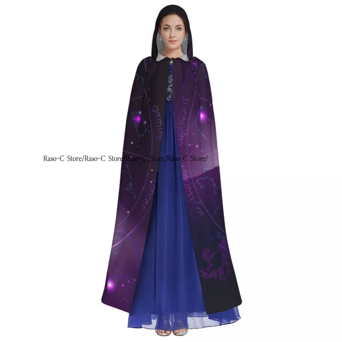 Horoscope Circle Zodiac Signs Hooded Cloak Polyester Unisex Witch Cape Costume Accessory