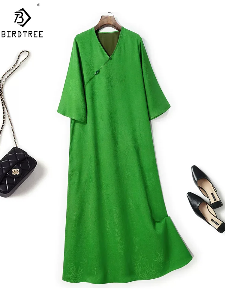 

BirdTree, Watered Gauze Silk Chinese Dresses, Women V Neck 3/4 Sleeve Solid, Party Retro Loose Dress, 2024 Summer New D45474QM