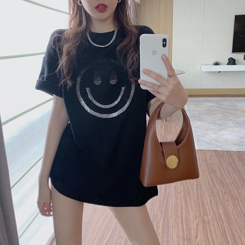 Smiley Face Printed Loose Fit Short Sleeve T-Shirt Women's Spring Summer New Casual Base Layer Round Neck Top Decorated With Flo