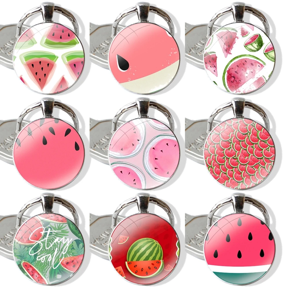 Keychain Handmade Glass Cabochon Key Ring Holder Pendant Key Chains Fruit watermelon melon Newest Super Cute