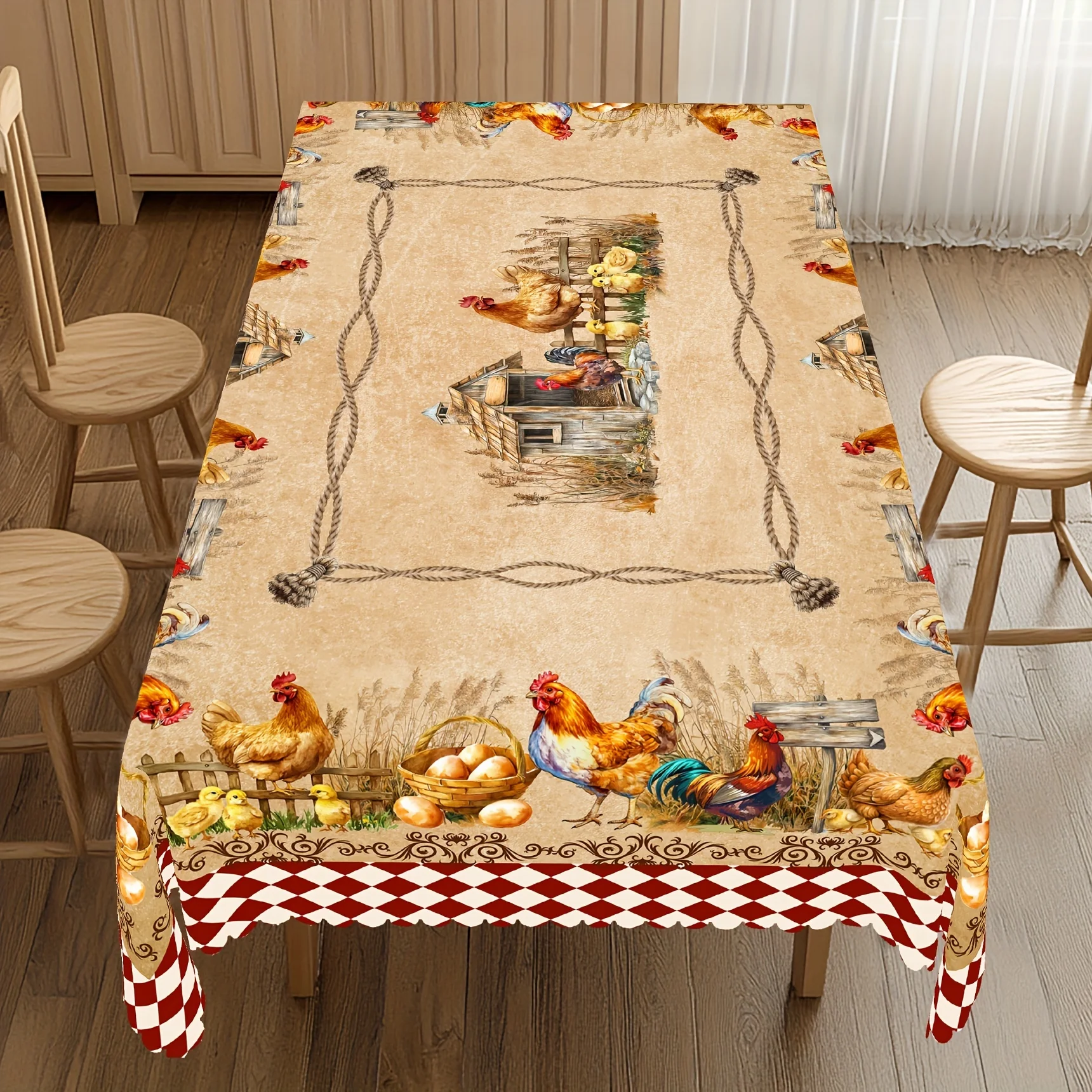Attractive rural-style farmhouse tablecloth - Retro chicken coop and egg design, with embossed edges.