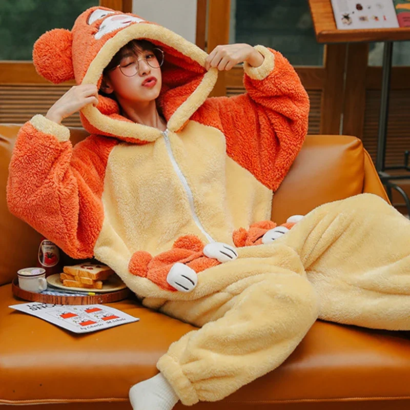 Adults Animal Onesies Tiger Pajamas Sets Women Winter Thicks Warm Plush Sleepwear Onepiece Cosplay Cartoon Flannel Jumpsuits BS1