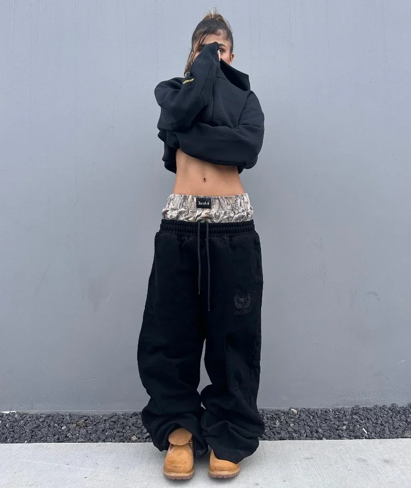 Y2K vintage Leisure sports pants camouflage Embroidered double waist Pants Harajuku new High waisted Men Women Wide Leg Pants