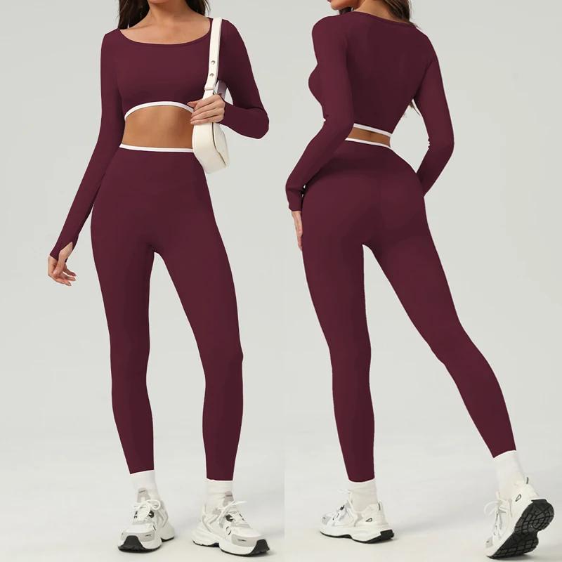 Two Pieces Fitness Yoga Set Women Soft Long Sleeve Gym Suit Super Stretch Breathable Running Sportswear Female Outfit