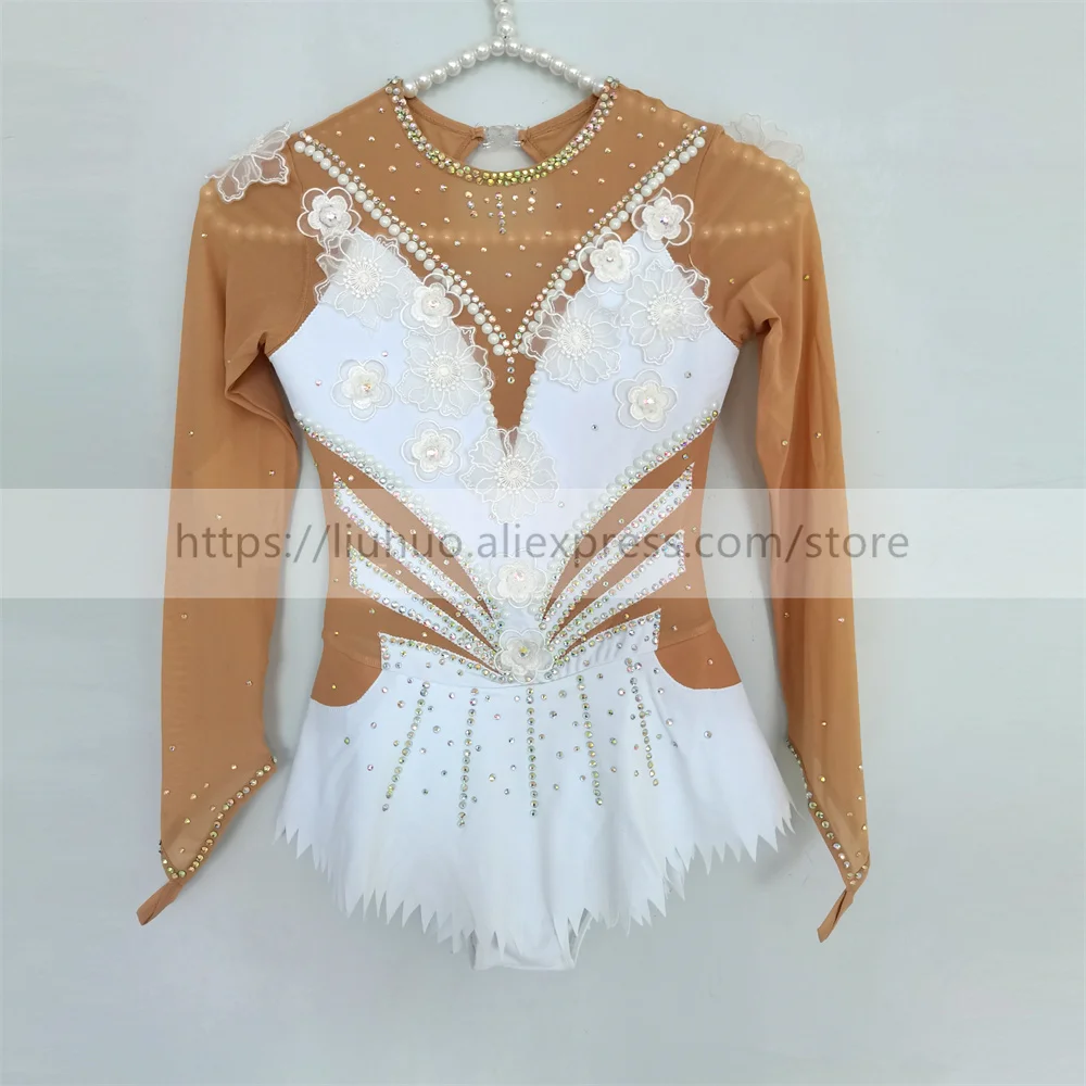 LIUHUO Women Aldult Girl Customize Costume Performance Competition Leotard Ice Figure Skating Dress Dance White long Sleeve Teen