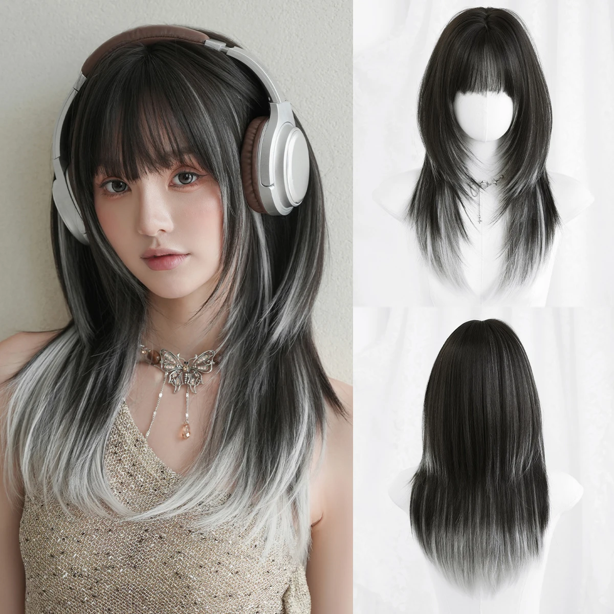 7JHH WIGS Schulterlange, glatte, schwarz-weiße Ombre-Perücke für Damen, synthetische, modische Wear-and-Go-Perücken mit ordentlichem Pony