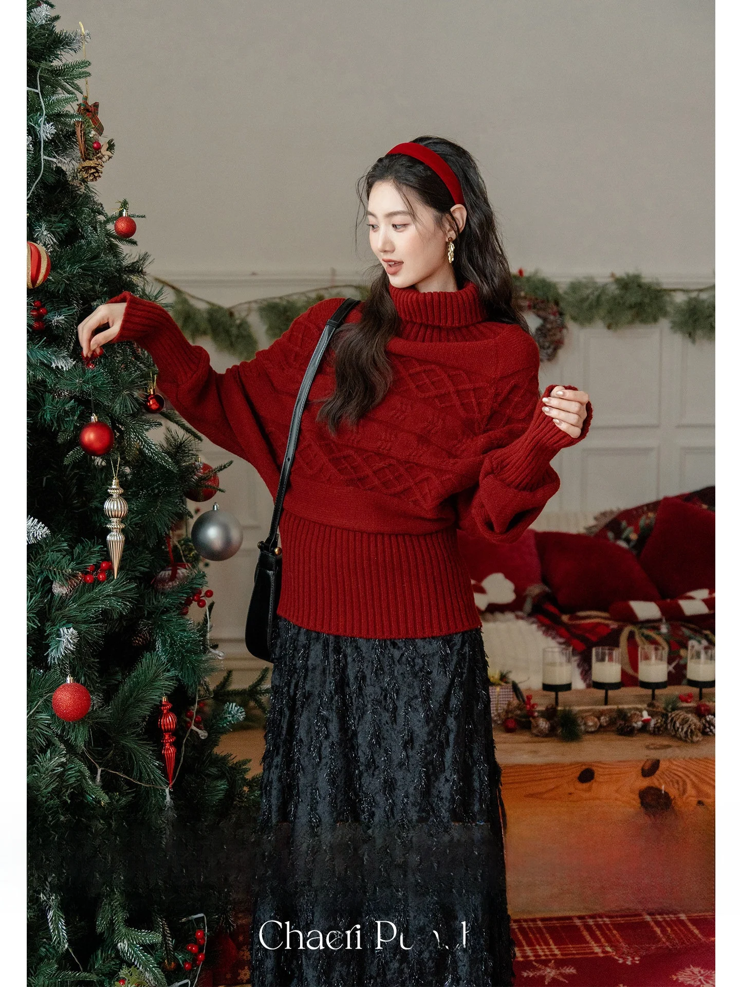 

Шикарный красный вязаный свитер с высоким воротником для женщин, зимний базовый топ, уникальный красивый новогодний модный повседневный свободный крой