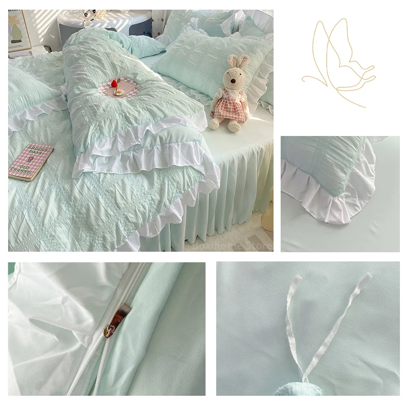 Korean Princess Seersucker Conjuntos de Cama para Meninas, Kawaii Ruffle Lace Saia de Cama, Capa de Edredão, Cor Sólida, Queen Size, Double Sheets Sets