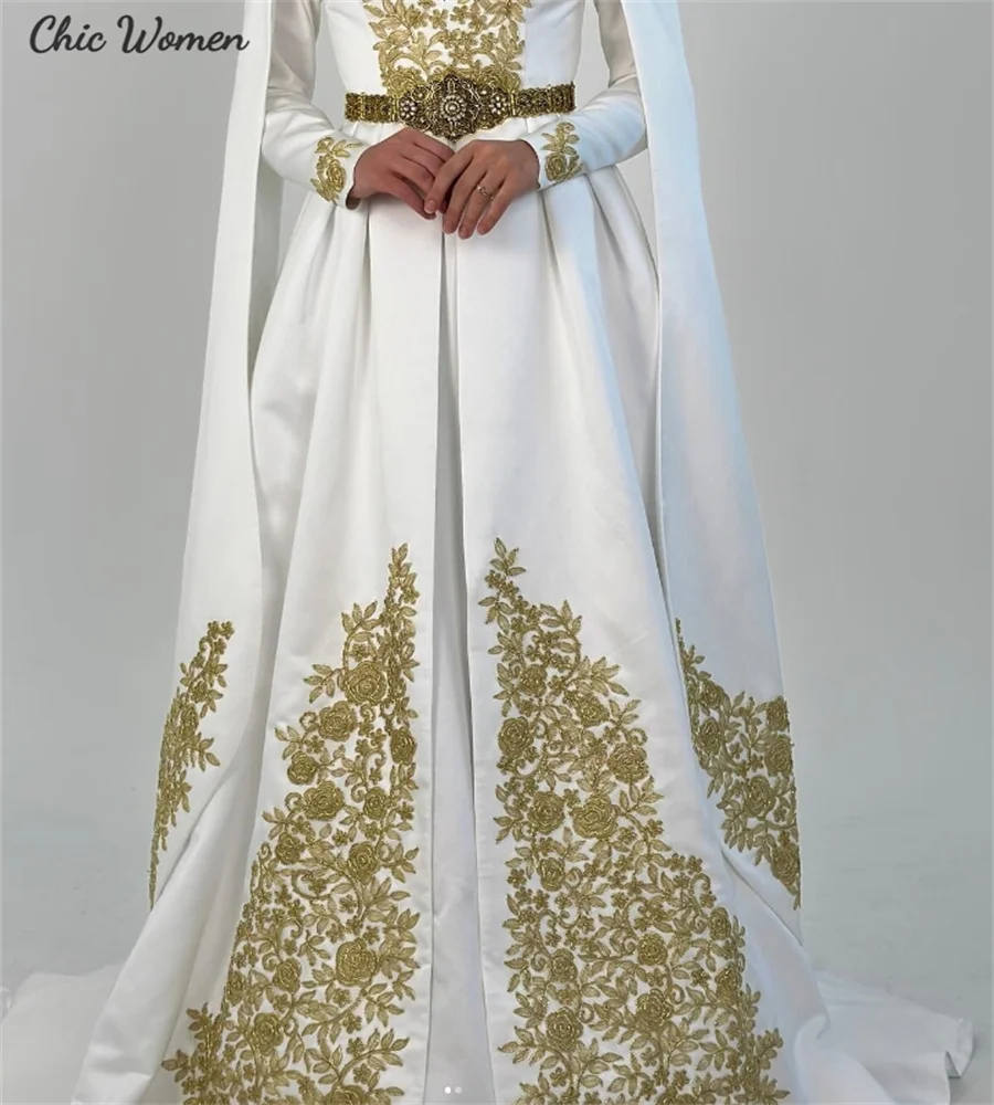 Vestido de casamento caucasiano árabe saudita com apliques de ouro Muslimah marroquino caftan vestido de noiva muçulmano egito civil personalizado