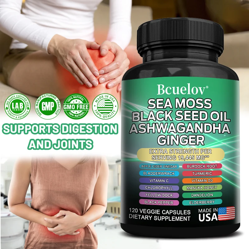 

Sea Moss, Black Seed Oil, Ashwagandha, Ginger - Boosts The Immune System, Promotes Digestion and Joint Health, 120 Capsules