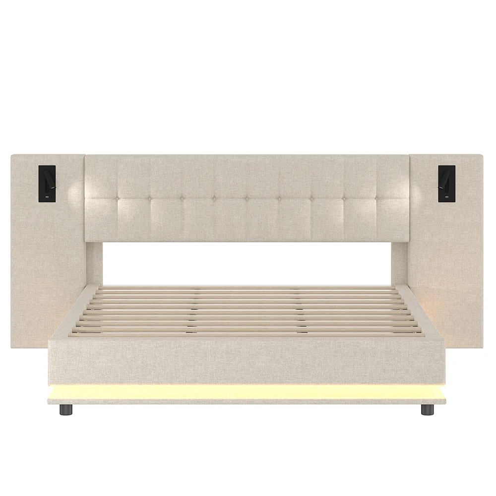 KOMHTOM Opzetbed 180x200cm Linnen met LED-strip hoofdbordspot en USB-poort - Zonder matras