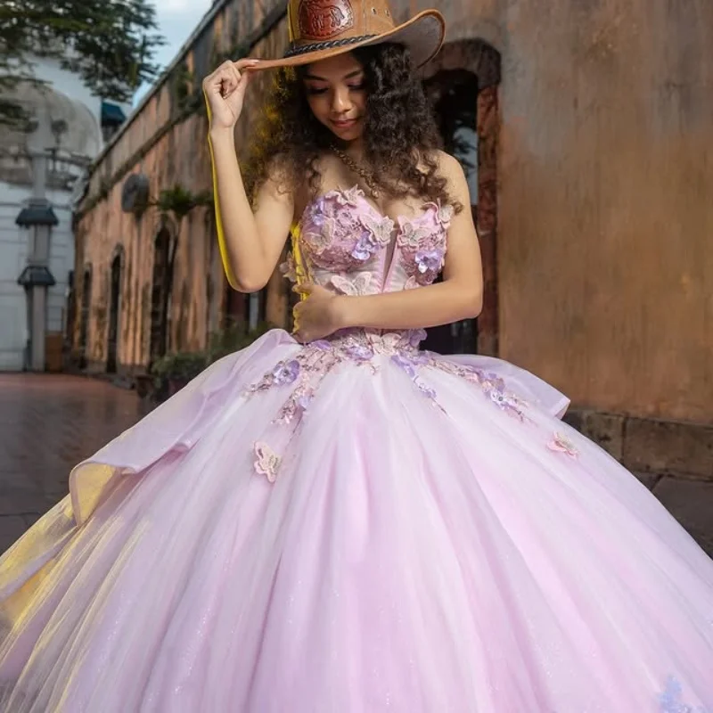 

Pink Quinceanera Dresses off-shoulder Glitter Crystal Butterfly Decal Long tail Bow Vestido De 15 Quinceanera Customize